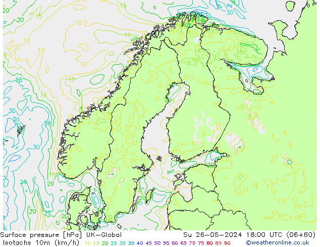 Isotachen (km/h) UK-Global So 26.05.2024 18 UTC