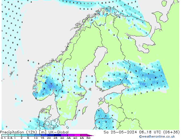 осадки (12h) UK-Global сб 25.05.2024 18 UTC