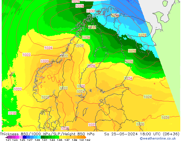 Espesor 850-1000 hPa UK-Global sáb 25.05.2024 18 UTC