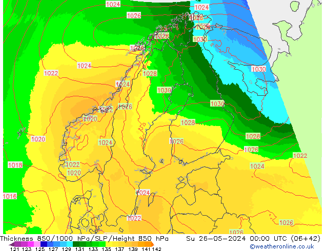 Espesor 850-1000 hPa UK-Global dom 26.05.2024 00 UTC