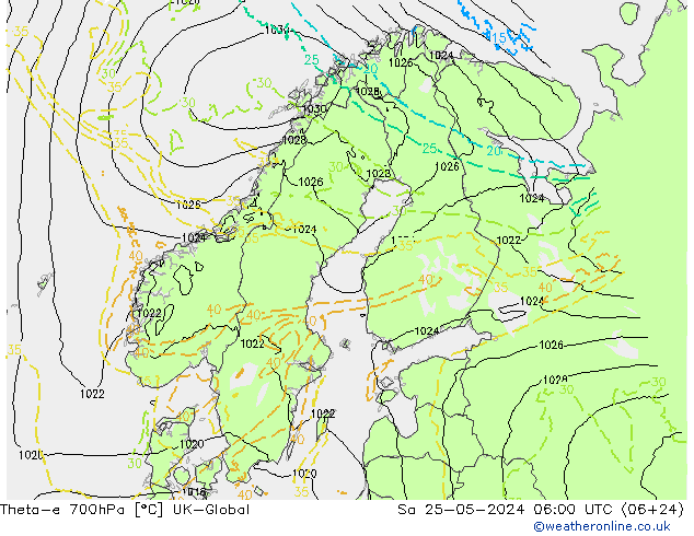 Theta-e 700hPa UK-Global Cts 25.05.2024 06 UTC