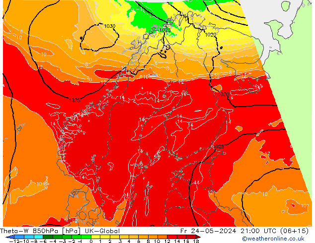 Theta-W 850hPa UK-Global Fr 24.05.2024 21 UTC