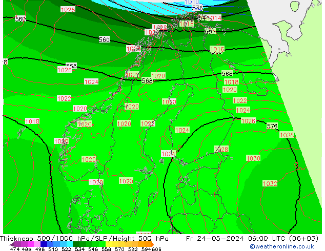 Thck 500-1000hPa UK-Global Fr 24.05.2024 09 UTC