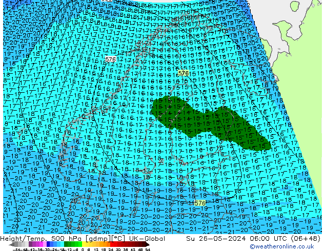 Height/Temp. 500 hPa UK-Global dom 26.05.2024 06 UTC