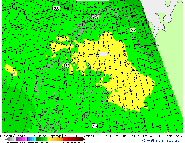 Height/Temp. 700 hPa UK-Global So 26.05.2024 18 UTC