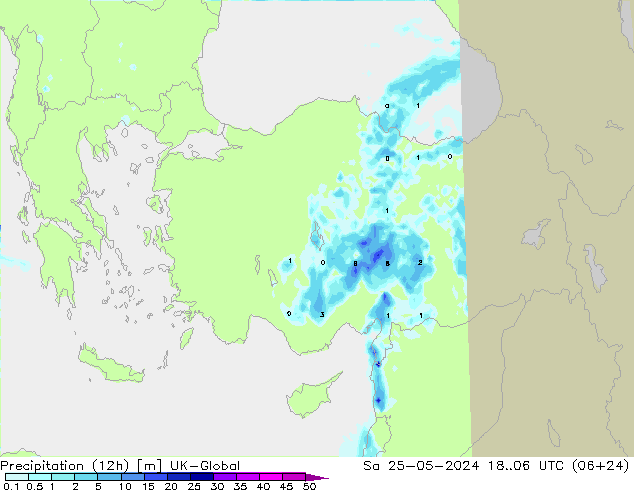 Precipitazione (12h) UK-Global sab 25.05.2024 06 UTC