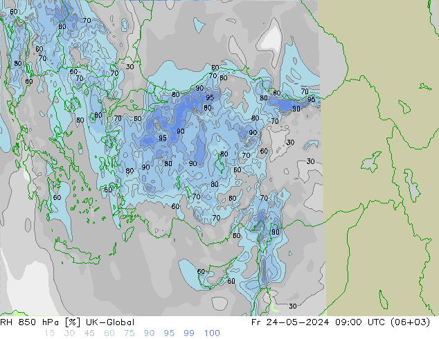 RH 850 hPa UK-Global ven 24.05.2024 09 UTC