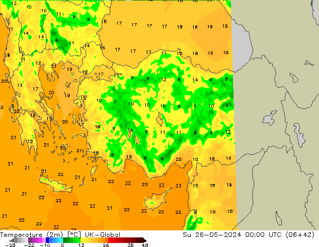 Temperatura (2m) UK-Global dom 26.05.2024 00 UTC