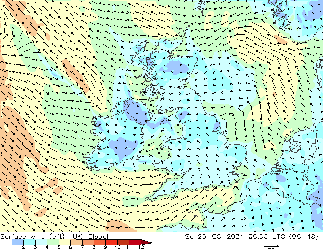 Surface wind (bft) UK-Global Su 26.05.2024 06 UTC