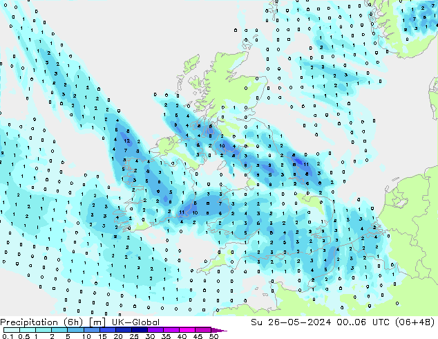 Precipitazione (6h) UK-Global dom 26.05.2024 06 UTC