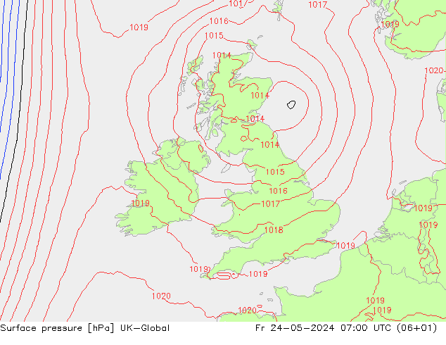 Pressione al suolo UK-Global ven 24.05.2024 07 UTC