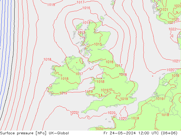Pressione al suolo UK-Global ven 24.05.2024 12 UTC