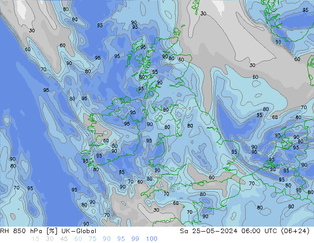 RH 850 hPa UK-Global sab 25.05.2024 06 UTC