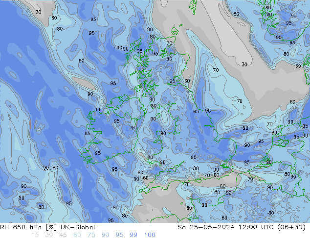 RH 850 hPa UK-Global Sáb 25.05.2024 12 UTC