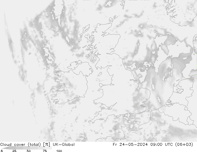 Cloud cover (total) UK-Global Fr 24.05.2024 09 UTC