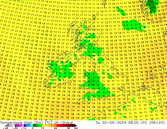 Max. Temperatura (2m) UK-Global so. 25.05.2024 06 UTC