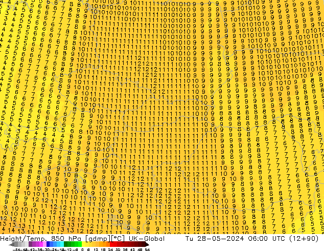 Height/Temp. 850 hPa UK-Global Út 28.05.2024 06 UTC