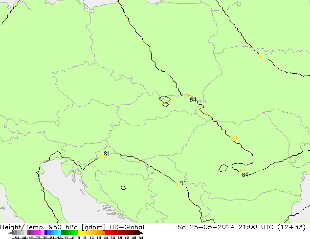 Height/Temp. 950 гПа UK-Global сб 25.05.2024 21 UTC