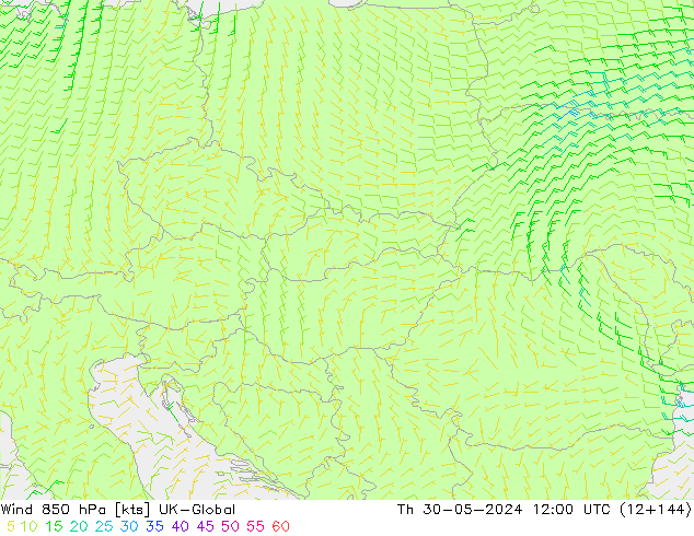 Vento 850 hPa UK-Global gio 30.05.2024 12 UTC