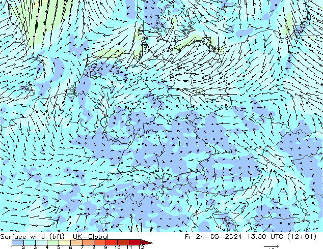 Surface wind (bft) UK-Global Pá 24.05.2024 13 UTC