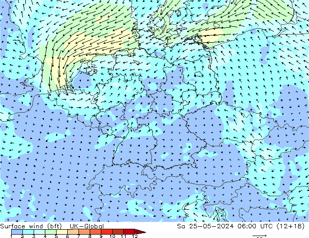 Vento 10 m (bft) UK-Global sab 25.05.2024 06 UTC