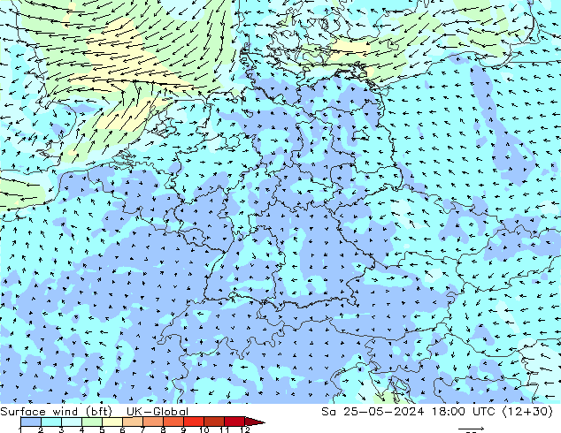Vento 10 m (bft) UK-Global Sáb 25.05.2024 18 UTC
