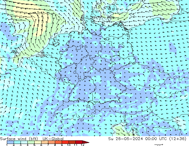 Surface wind (bft) UK-Global Su 26.05.2024 00 UTC