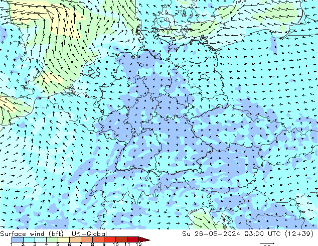 Surface wind (bft) UK-Global Ne 26.05.2024 03 UTC