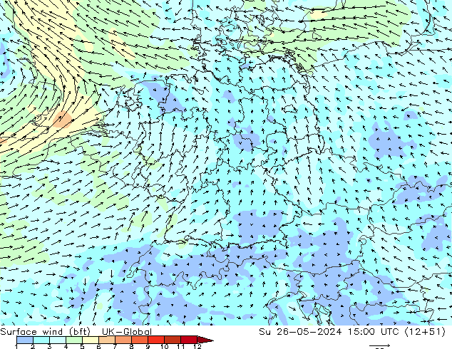 Surface wind (bft) UK-Global Su 26.05.2024 15 UTC