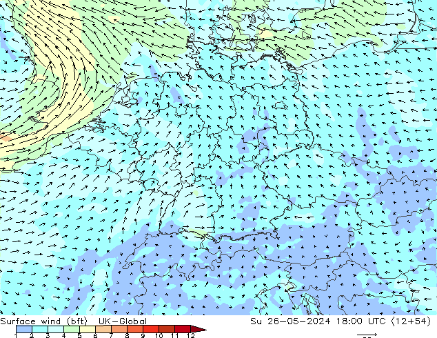 Surface wind (bft) UK-Global Su 26.05.2024 18 UTC