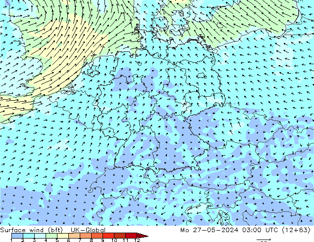 Surface wind (bft) UK-Global Mo 27.05.2024 03 UTC