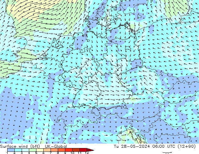 Wind 10 m (bft) UK-Global di 28.05.2024 06 UTC