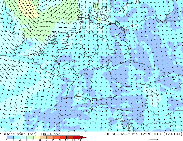 Surface wind (bft) UK-Global Th 30.05.2024 12 UTC