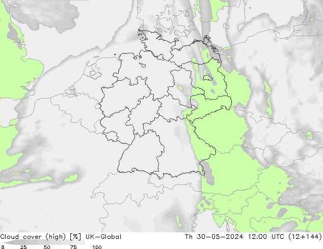 Cloud cover (high) UK-Global Th 30.05.2024 12 UTC