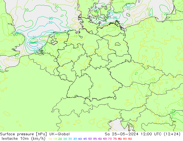 Isotachen (km/h) UK-Global za 25.05.2024 12 UTC