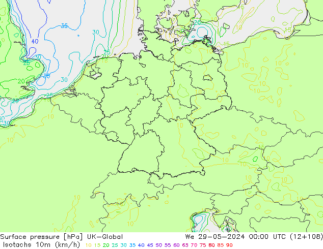 Isotachs (kph) UK-Global We 29.05.2024 00 UTC