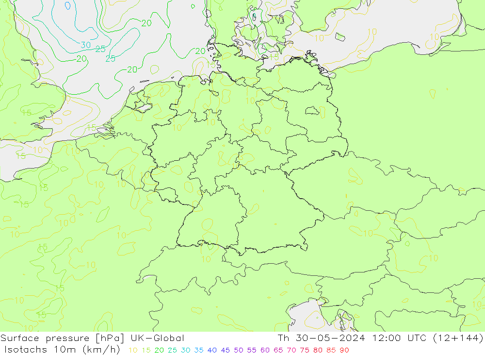 Isotachs (kph) UK-Global Čt 30.05.2024 12 UTC