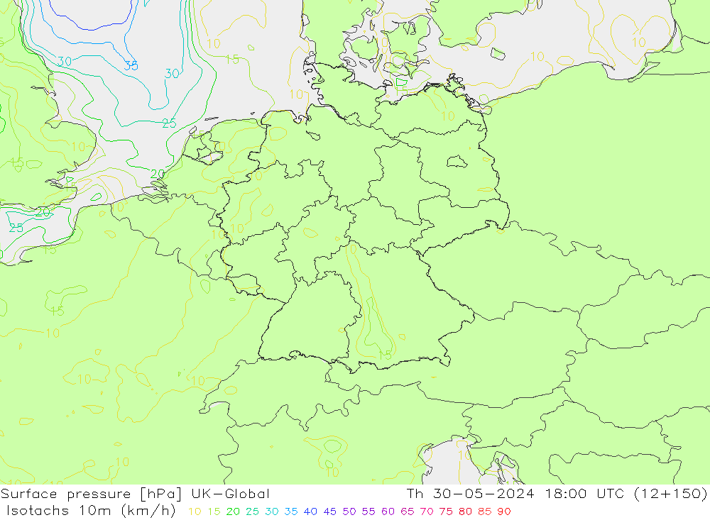 Isotachs (kph) UK-Global Th 30.05.2024 18 UTC