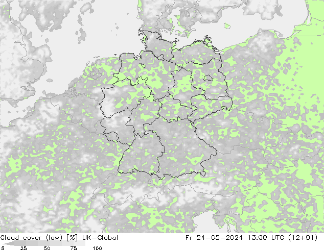 Cloud cover (low) UK-Global Fr 24.05.2024 13 UTC