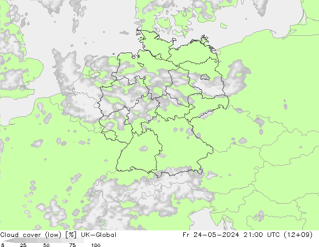 Cloud cover (low) UK-Global Fr 24.05.2024 21 UTC