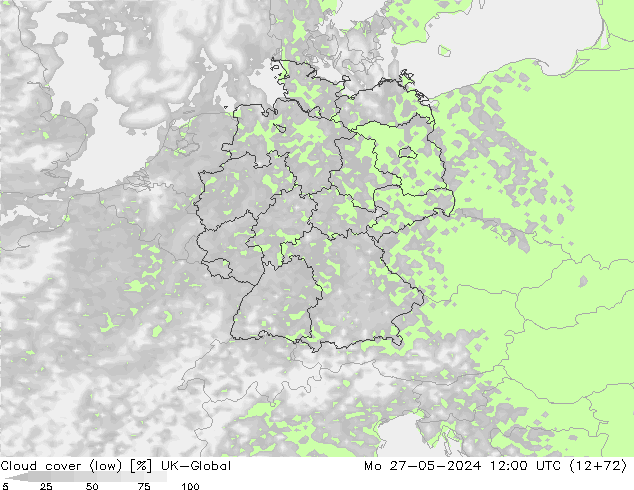 Cloud cover (low) UK-Global Mo 27.05.2024 12 UTC