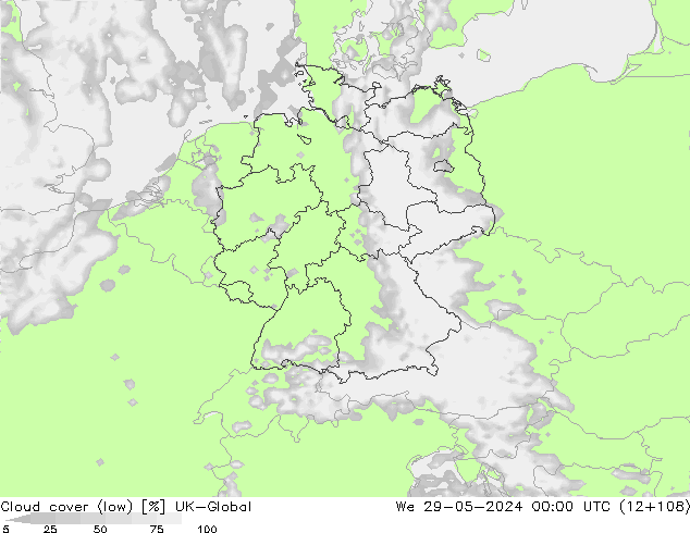 Cloud cover (low) UK-Global We 29.05.2024 00 UTC