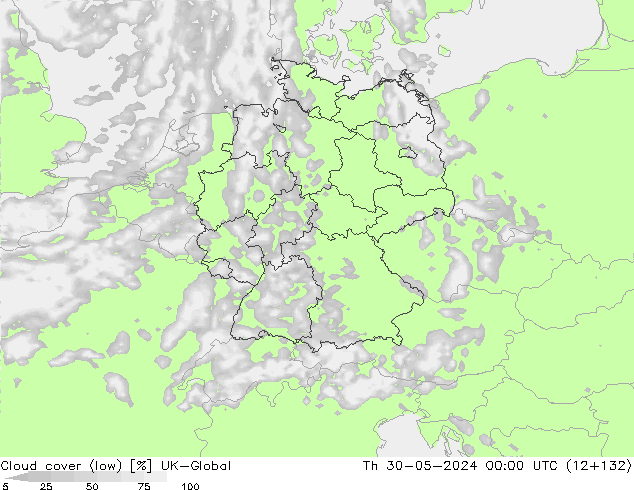 Cloud cover (low) UK-Global Th 30.05.2024 00 UTC