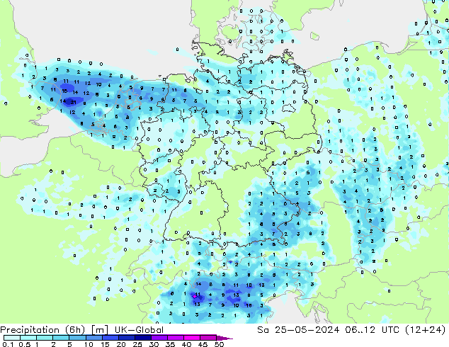 Precipitazione (6h) UK-Global sab 25.05.2024 12 UTC