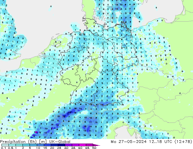 Precipitation (6h) UK-Global Po 27.05.2024 18 UTC