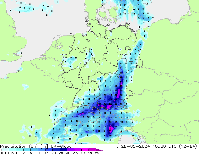 осадки (6h) UK-Global вт 28.05.2024 00 UTC