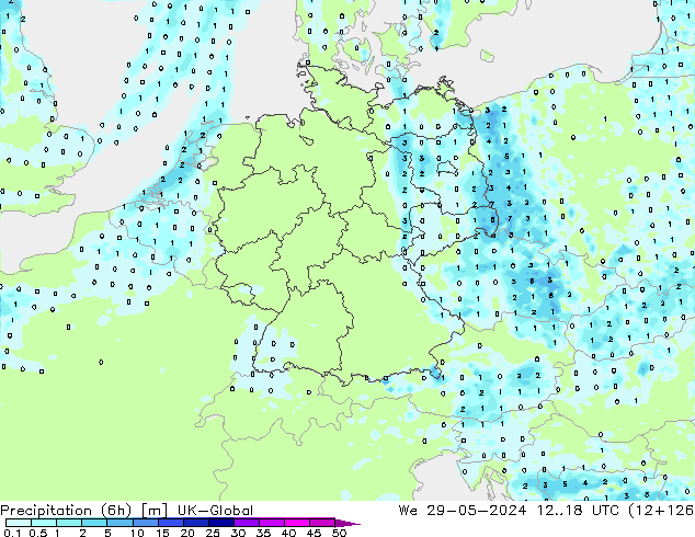 Precipitation (6h) UK-Global We 29.05.2024 18 UTC