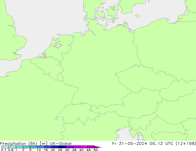 Precipitation (6h) UK-Global Fr 31.05.2024 12 UTC