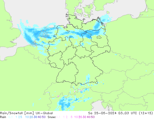 Rain/Snowfall UK-Global sam 25.05.2024 03 UTC