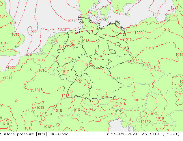 Pressione al suolo UK-Global ven 24.05.2024 13 UTC